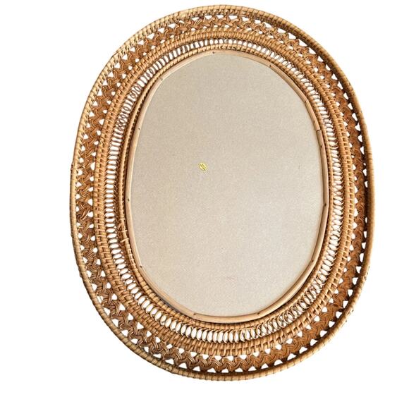 Vintage Natural Rattan Wicker Oval Wall Hanging Mirror Boho 17x22” - Picture 1 of 8